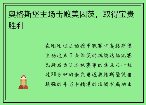 奥格斯堡主场击败美因茨，取得宝贵胜利