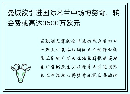 曼城欲引进国际米兰中场博努奇，转会费或高达3500万欧元